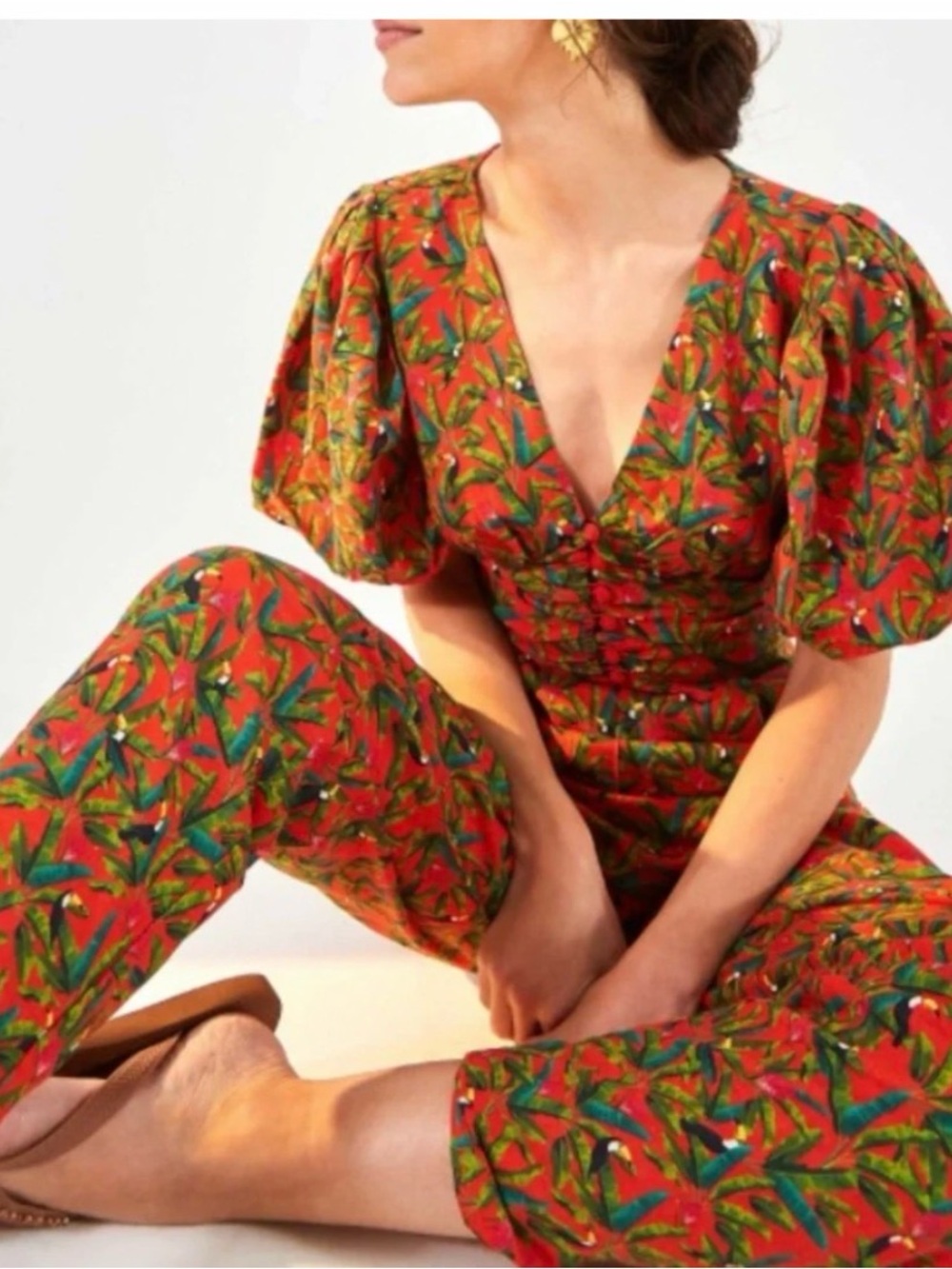 Farm Rio Tucano Paradise Linen Blend Open Back Jumpsuit